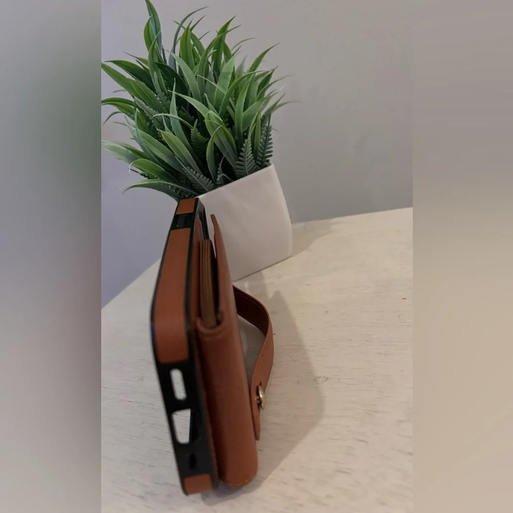 iPhone 12/12 Pro Wallet Case Brown Card Holder Wrist Strap Faux Leather